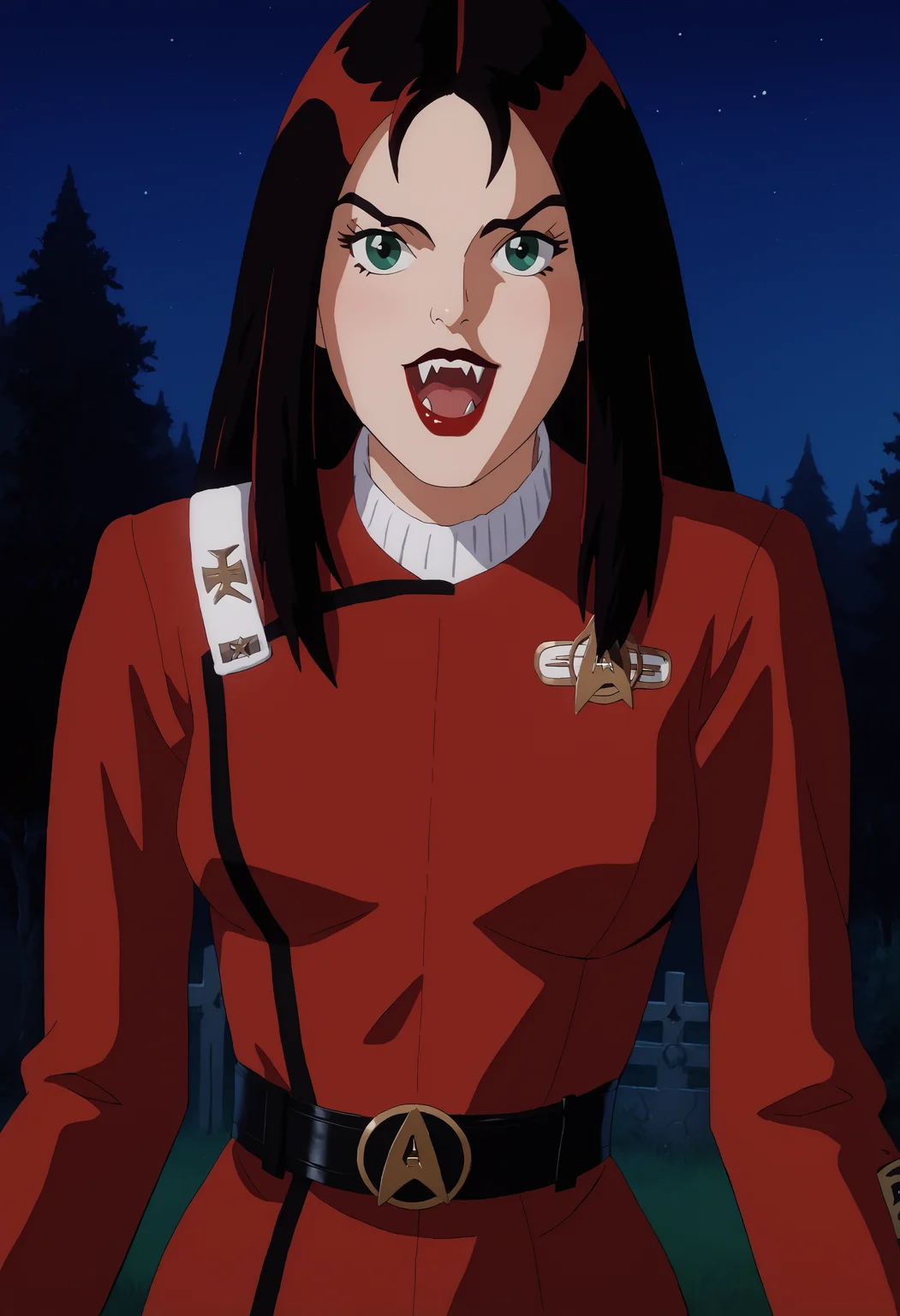 score_9,score_8_up, score_7_up,
hexthorn, 1girl, solo, long black hair with red highlights,long hair, green eyes,
, lipstick,
graveayrd scenerey,tombstones,
open mouth, fangs, pointy teeth, vampire, outdoors, night, night sky, trees,
retro_artstyle, cartoon, source_cartoon, lowres, 1990s_style,
<lora:Thorn_The_Hex_Girls:0.9>
twokunf,star trek red uniform intendation,long sleeves,black belt<lora:TWOKpony>