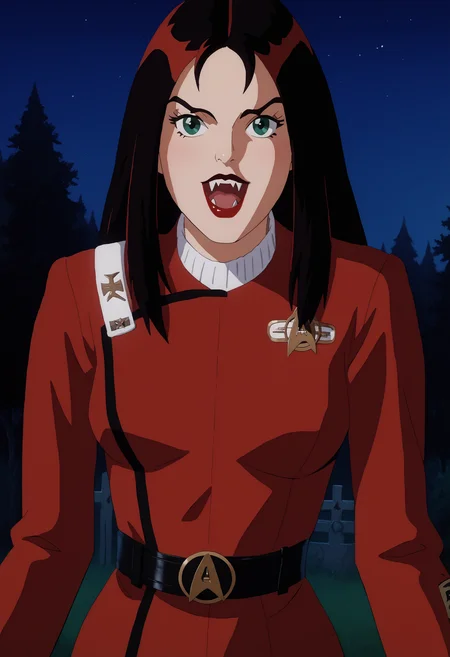 score_9,score_8_up, score_7_up,
hexthorn, 1girl, solo, long black hair with red highlights,long hair, green eyes,
, lipstick,
graveayrd scenerey,tombstones,
open mouth, fangs, pointy teeth, vampire, outdoors, night, night sky, trees,
retro_artstyle, cartoon, source_cartoon, lowres, 1990s_style,
<lora:Thorn_The_Hex_Girls:0.9>
twokunf,star trek red uniform intendation,long sleeves,black belt<lora:TWOKpony>