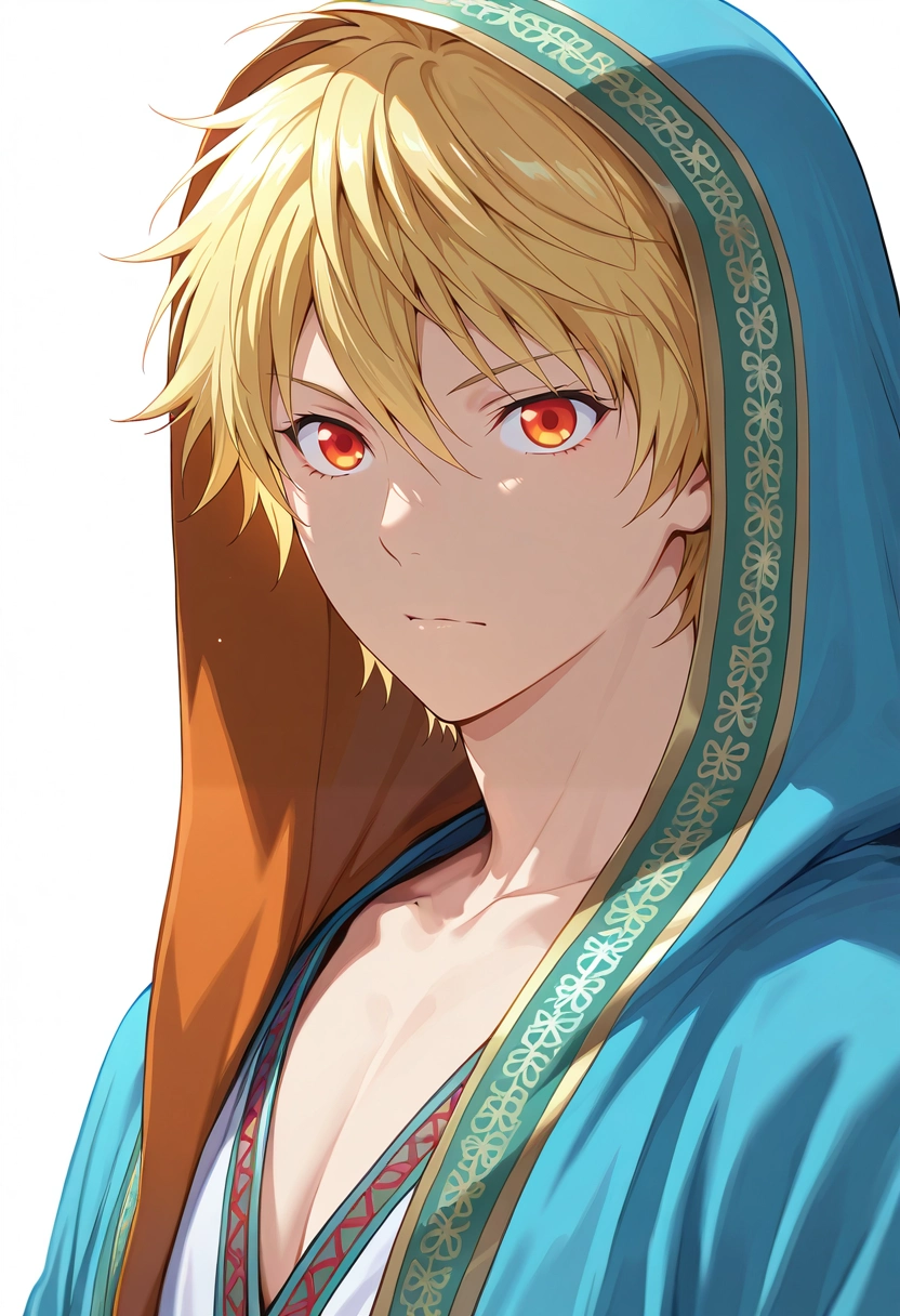 masterpiece, best quality, intricate details, , , 1boy, solo, male focus, <lora:yukine_noragami_ilxl:0.98>, yukine_noragami, blonde hair, red eyes, orange eyes, , , indian costume