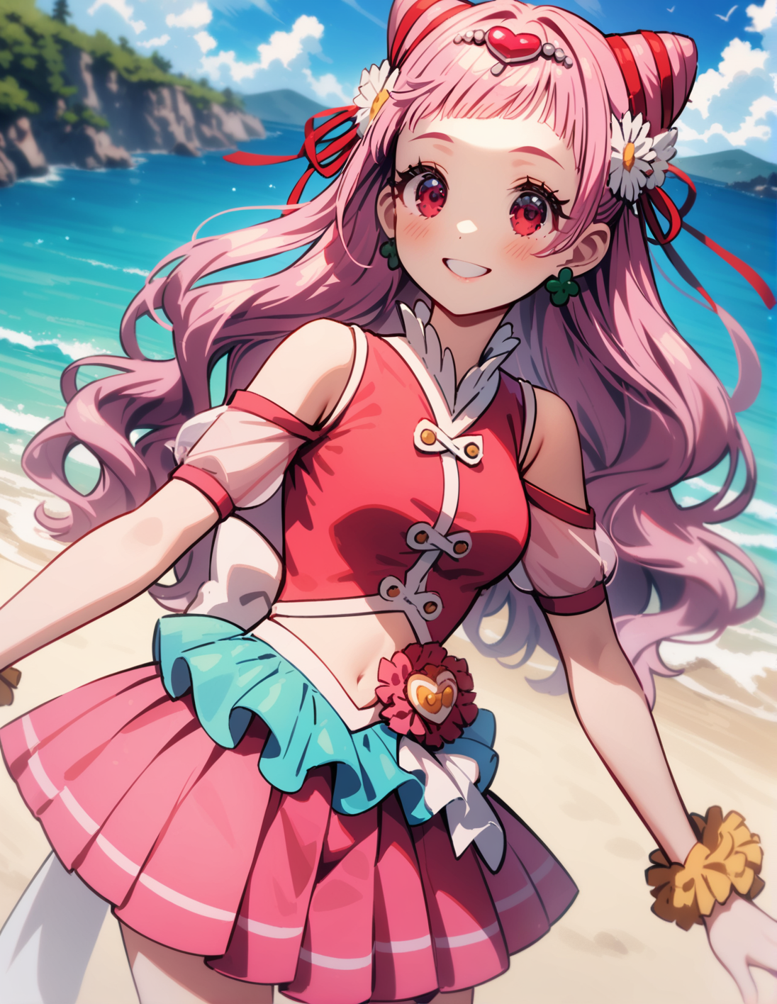 1girl, solo, <lora:sdxl-lyco-cure-yell-animagine_xl_3_1-v1:1>, cureyell,pink hair,sleeveless, shoulder_cutout , see-through ,red_shirt, red_heart_hair_ornament ,earrings,hair_flower,hair_ornament,pink_skirt,miniskirt,  ,relaxed posture, elbows extended, standing , ,smile, best quality, very aesthetic, ultra-detailed, intricate details, 4k,, newest, BREAK  on a beach