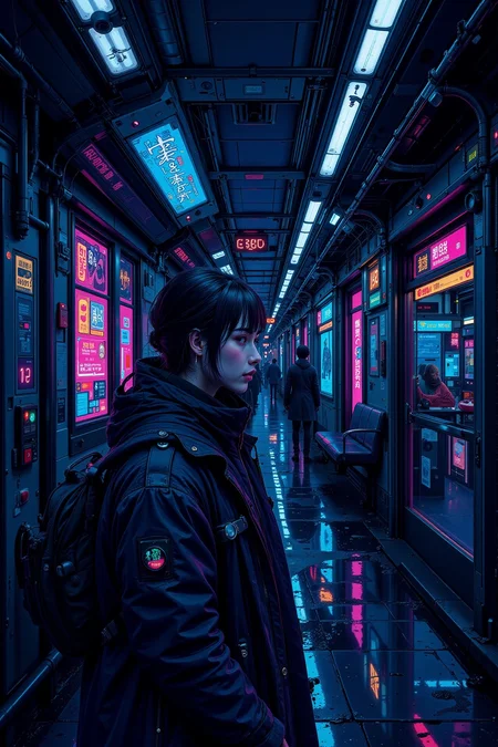 subway beautiful  landscape, bright luminous night, woman, very intricate, very detailed, sharp, bright, colorful, <lora:Hand v2:0.5> <lora:Anti-Blur:1><lora:Insane Detail Slider:0.25>  <lora:flux.1_lora_flyway_Epic-detail_v2:0.3> <lora:fluxenhancer:0.25> <lora:Neurocore Anime Cyberpunk v2.0:1> A digital artwork in the style of cknc <lora:abyss-neon:0.6> bo-neon