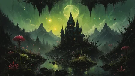 alien landscape, Floating spires crowned with glowing crystals, Moss-covered rocks beside serene mountain stream , alien [fauna:flora:0.5], Volumetric lighting, <lora:Misty_Vintage:0.8>, <lora:ral-colorswirl:0.7> ral-colorswirl, <lora:great_lighting:0.4> great lighting