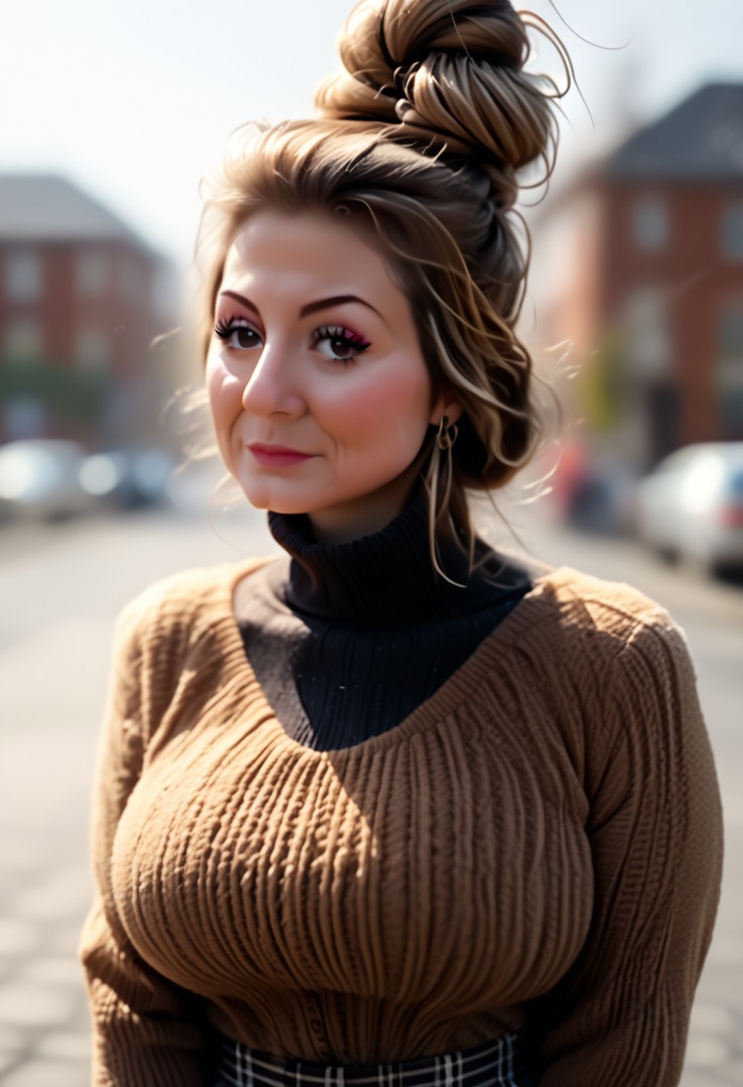Voluptuous, attractive 80 years old woman, mascara, long eye-lashes, eyeliner, Dark-brown hairbun, huge ass, tight silk blouse, tight plaid trousers, deep-cutting panty lines 
booty-view, glancing over shoulder
Old fashioned fairground 
<lora:Carolanne_Pony:0.7>