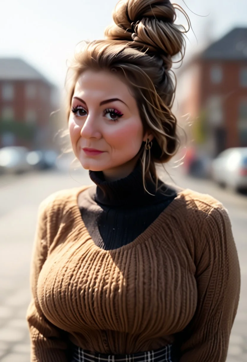 Voluptuous, attractive 80 years old woman, mascara, long eye-lashes, eyeliner, Dark-brown hairbun, huge ass, tight silk blouse, tight plaid trousers, deep-cutting panty lines
booty-view, glancing over shoulder
Old fashioned fairground
<lora:Carolanne_Pony:0.7>