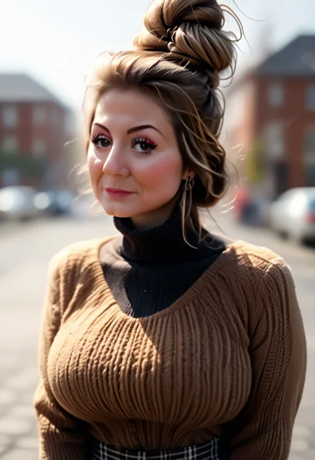 Voluptuous, attractive 80 years old woman, mascara, long eye-lashes, eyeliner, Dark-brown hairbun, huge ass, tight silk blouse, tight plaid trousers, deep-cutting panty lines
booty-view, glancing over shoulder
Old fashioned fairground
<lora:Carolanne_Pony:0.7>