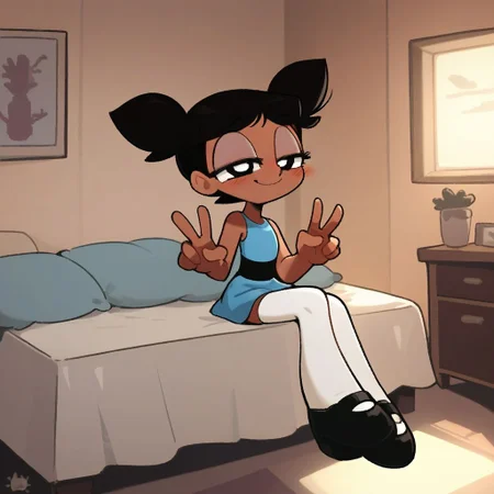 score_9, score_8_up, score_7_up, score_6_up, score_5_up, score_4_up, BREAK, source_anime, connie_maheswaran, indoors, short twintails, black hair, small breasts, black footwear, white thighhighs, smile, smug, blush, blue top, sleeveless, blue miniskirt, peace sign, pantsless, powerpuff, dark-skinned female, 1girl, sitting, indoors, living room, on bed,