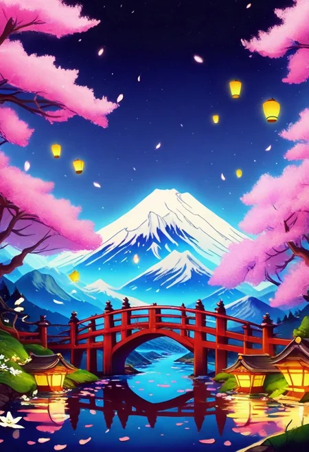 masterpiece, best quality, 32k, high resolution, absurdres,
pnkBldng, sky, tree, no humans, lantern, night, mountain, bridge, river, blooming stars, luminescent petals, otherworldly fragrance blurry background, (glowwave:1.1),
