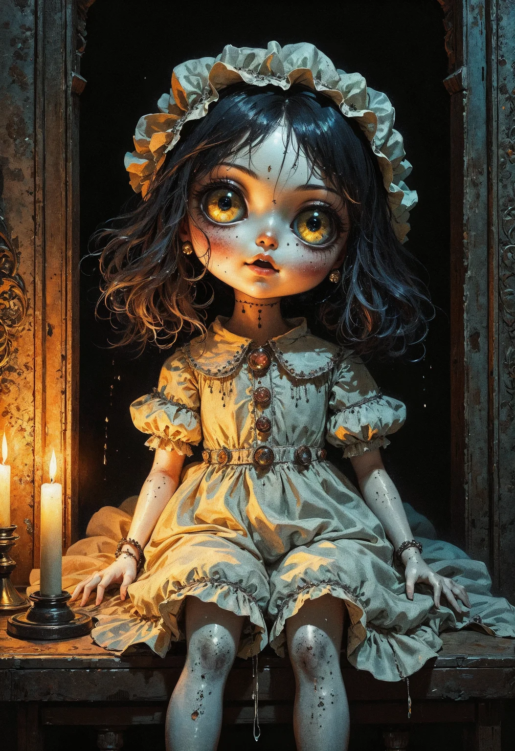 (in Krenz Cushart style:1.2), high-quality, masterpiece, A doll-like figure sitting in a shadowy room, its large button eyes reflecting faint candlelight with a stitched smile too wide for its small face, Tiny pastel bows adorn its dress, cracks in its porcelain skin reveal dark voids beneath, Soft lighting, cute yet unsettling, realistic anime style, close-up, eerie yet innocent atmosphere, (elaborate fine details:1.1), (elaborately detailed attire with extraordinary elements:1.1), (hyperdetailed:1.1), (intricate details:1.0), (Refined details:1.1), (best quality:1.1), (high resolution:1.2)