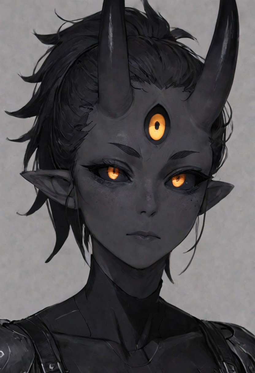 score_9, score_8, score_7, score_6, (masterpiece), best quality, expressive eyes, perfect face, ((te'kharoth, third eye), tail, horns), spiky hair, messy hair, ponytail hair, thick hair, black hair, black sclera), 1girl, gold eyes, wings, BREAK, armor, line under eyes