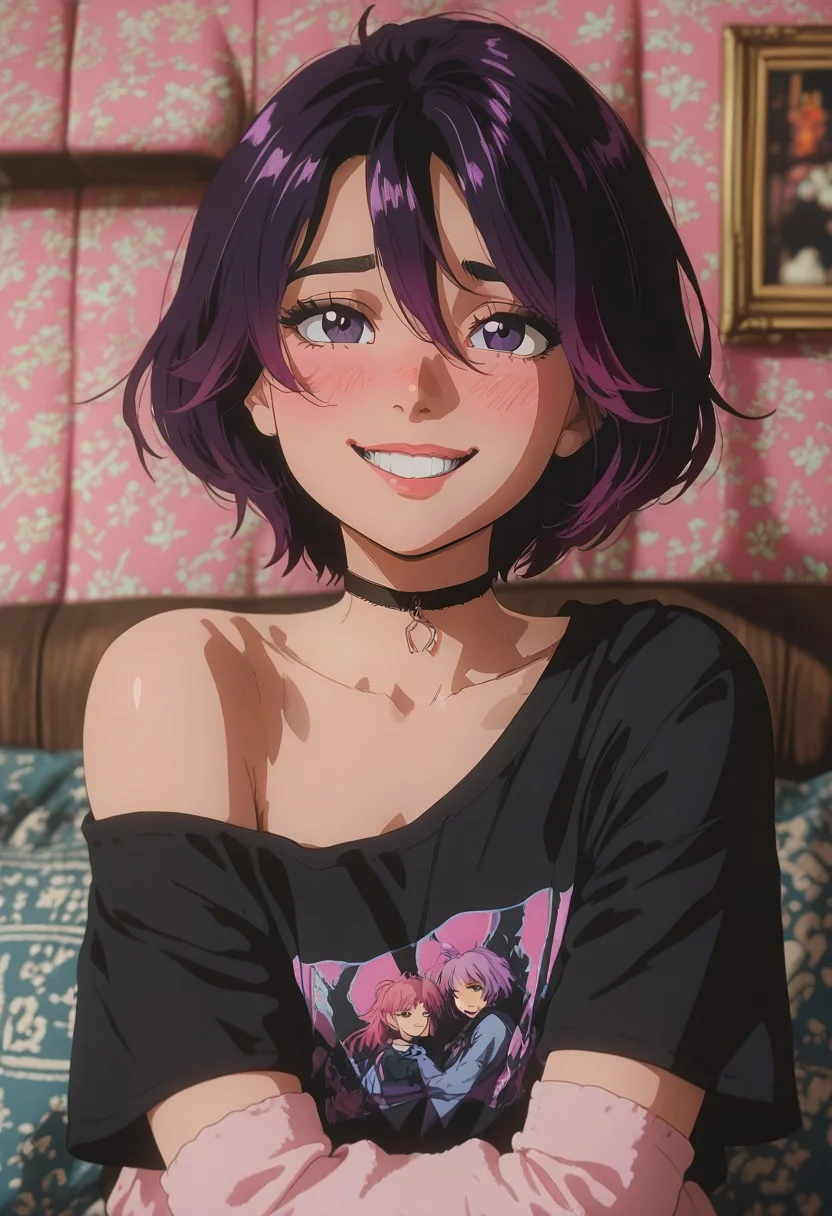 (masterpiece), (best quality), (ultra-detailed), 
hyper-realistic illustration, 1girl, 18 years old, perfect face, cute, petite, cute face, (detailed background, cozy interior background:1.5), focus on her adorable face, medium distance, multicolored hair, black hair, purple hair, pink hair, short hair, black choker, oversized top hanging off shoulder, bare shoulder, short sleeves, arm warmers, black clothes, pink clothes, 90's fashion, blush, shy smile, detailed face,