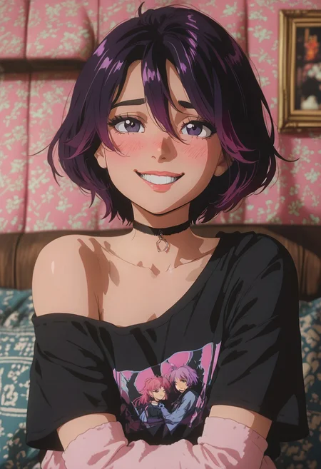 (masterpiece), (best quality), (ultra-detailed),
hyper-realistic illustration, 1girl, 18 years old, perfect face, cute, petite, cute face, (detailed background, cozy interior background:1.5), focus on her adorable face, medium distance, multicolored hair, black hair, purple hair, pink hair, short hair, black choker, oversized top hanging off shoulder, bare shoulder, short sleeves, arm warmers, black clothes, pink clothes, 90's fashion, blush, shy smile, detailed face,