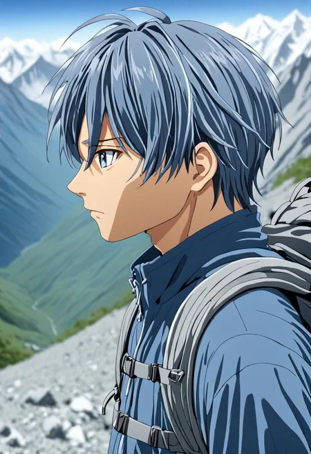 high resolution, solo, best quality, 1Boy, Tomoya Okazaki, Grey Blue Hair, landscape, looking away, high mountain, hiking gear, shallow depth of field, OverallDetail