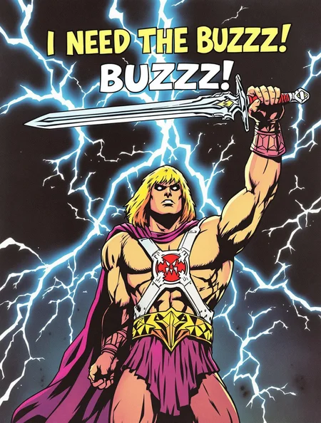 80's He-Man holding sword above him. Thunder striking the sword. Text above that says: "I NEED THE BUZZZ!"
