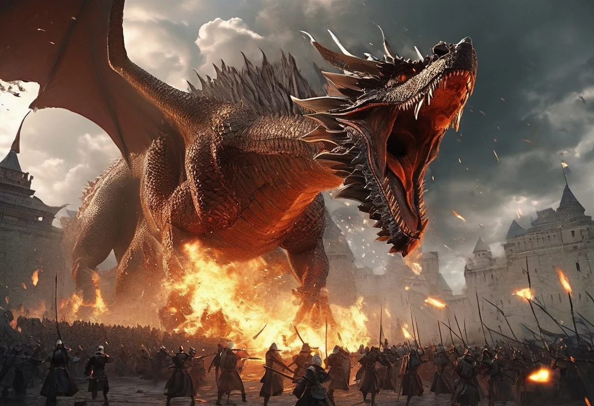 score_9, score_8_up, score_8_up, ng_deepnegative_v1_75t, photo, realistic, cloud castle, dragon flying, firing fire breathing, epic battlefield, epic wars, archer knights squad battling dragon on-screen, sunset, (WAR), (BATTLE SCENE), (BATTLEFIELD), cloudy, lightning, ultra detailed, ultra-hd, epic