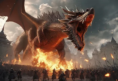 score_9, score_8_up, score_8_up, ng_deepnegative_v1_75t, photo, realistic, cloud castle, dragon flying, firing fire breathing, epic battlefield, epic wars, archer knights squad battling dragon on-screen, sunset, (WAR), (BATTLE SCENE), (BATTLEFIELD), cloudy, lightning, ultra detailed, ultra-hd, epic