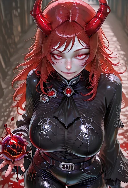 very aesthetic, masterpiece, best quality, highres, absurdres, amazing quality, high resolution, 1girl, solo, medieval background, detailed eyes, perfect eyes, expressive eyes, Expressiveh, vivid colors, realistic lighting, perfect anatomy
Red Eyes, long hair, red hair, pale skin, voluptuous, cellulite, chubby, large breasts, ((uneven eyes)), freckles, lots of freckles, crazy eyes, wide hips
black gloves, sharp fingers, black shirt, button up shirt, button down shirt, black ascot, black frills, buttons, wide sleeve cuffs, black belt, black cuffs, gambeson, black leggings, shiny leather

blurred blood bending horns, liquid horns made of blood stream), blurred fleshy red horns roots,  bending blood in the shape of a (swirling orb:1.3), high angle, close-up on hands,reflective blood textures, intense, mystical atmosphere,