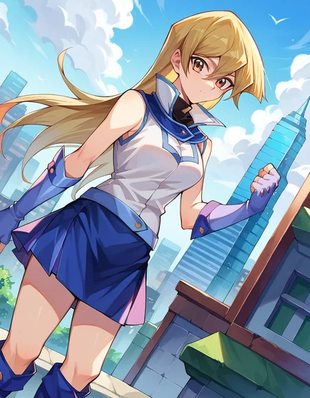 score_9, score_8_up, score_7_up, source_anime,
asukatenjouin, <lora:asuka-tenjouin-ponyxl-lora-nochekaiser:1>
asuka tenjouin, blonde hair, brown eyes, hair between eyes, long hair, straight hair, very long hair,
blue footwear, blue gloves, blue skirt, boots, duel academy uniform (yu-gi-oh! gx), elbow gloves, fingerless gloves, gloves, jacket, miniskirt, skirt, sleeveless, sleeveless jacket, sleeveless shirt, white jacket,
outdoors, cityscape,
looking at viewer, cowboy shot, dutch angle,