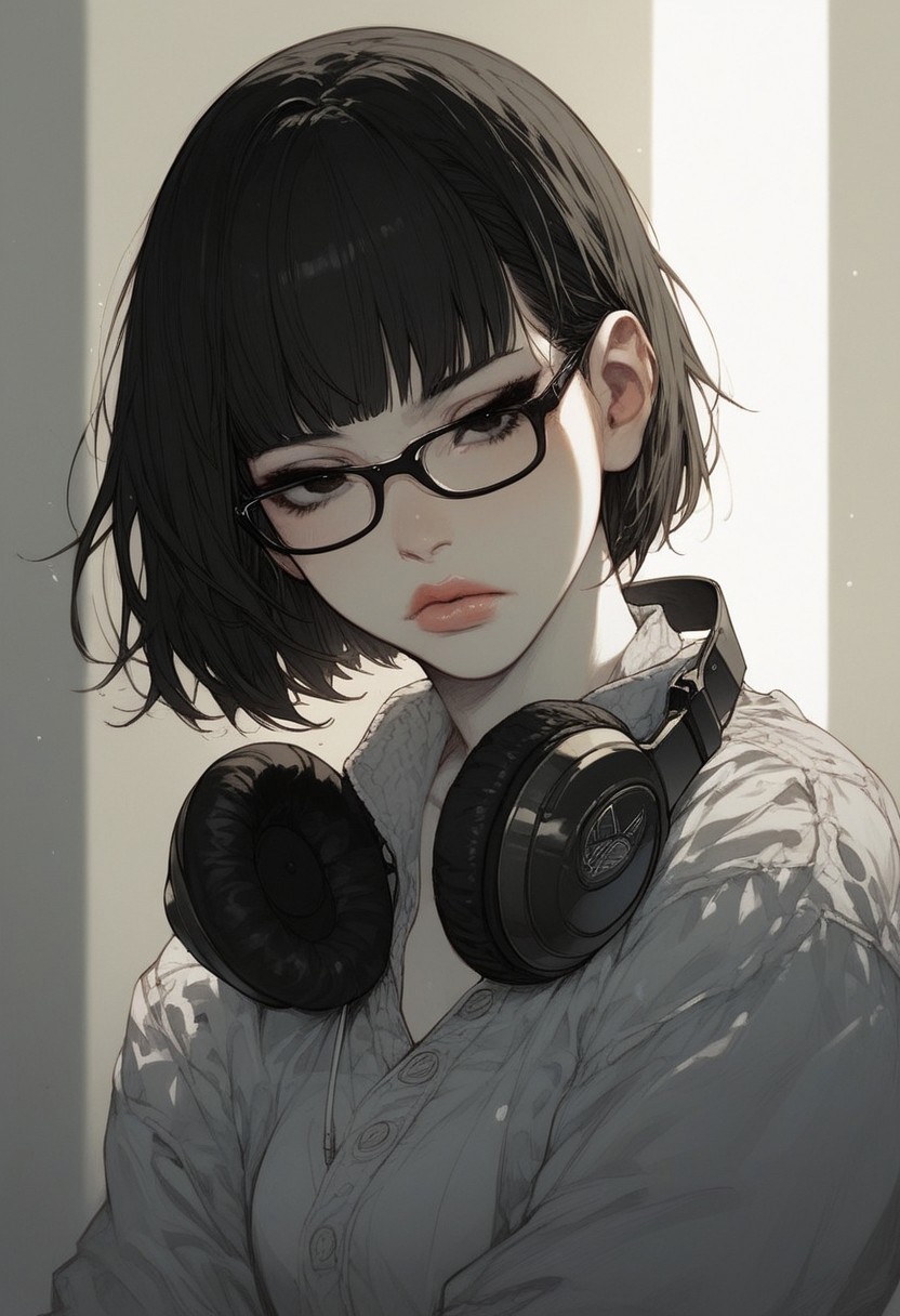 score_9, score_8_up, score_7_up, score_6_up, rating_questionable, 1girl, short hair, bob cut, black hair, black glasses, Asian eyes, black eyes, small breasts, slim, white skin, beautiful lips, street style clothing, HD32k, body,  headphones, perspective, relaxed face, (thoughtful, gloomy, sad), bedroom, messy room