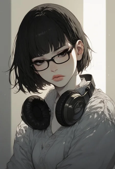 score_9, score_8_up, score_7_up, score_6_up, rating_questionable, 1girl, short hair, bob cut, black hair, black glasses, Asian eyes, black eyes, small breasts, slim, white skin, beautiful lips, street style clothing, HD32k, body,  headphones, perspective, relaxed face, (thoughtful, gloomy, sad), bedroom, messy room