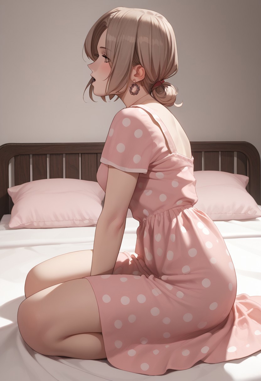 abbystea style, score_9, score_8_up, score_7_up, source_anime,hentai, anime,
gorgeous mature woman, milf body, beautiful eyes, tiny nose, light brown hair stylish hair cut,
wearing pink polka dot dress
in a pink bedroom, bed, pillow, sheets, 
side view, wide shot, open mouth, sitting pose