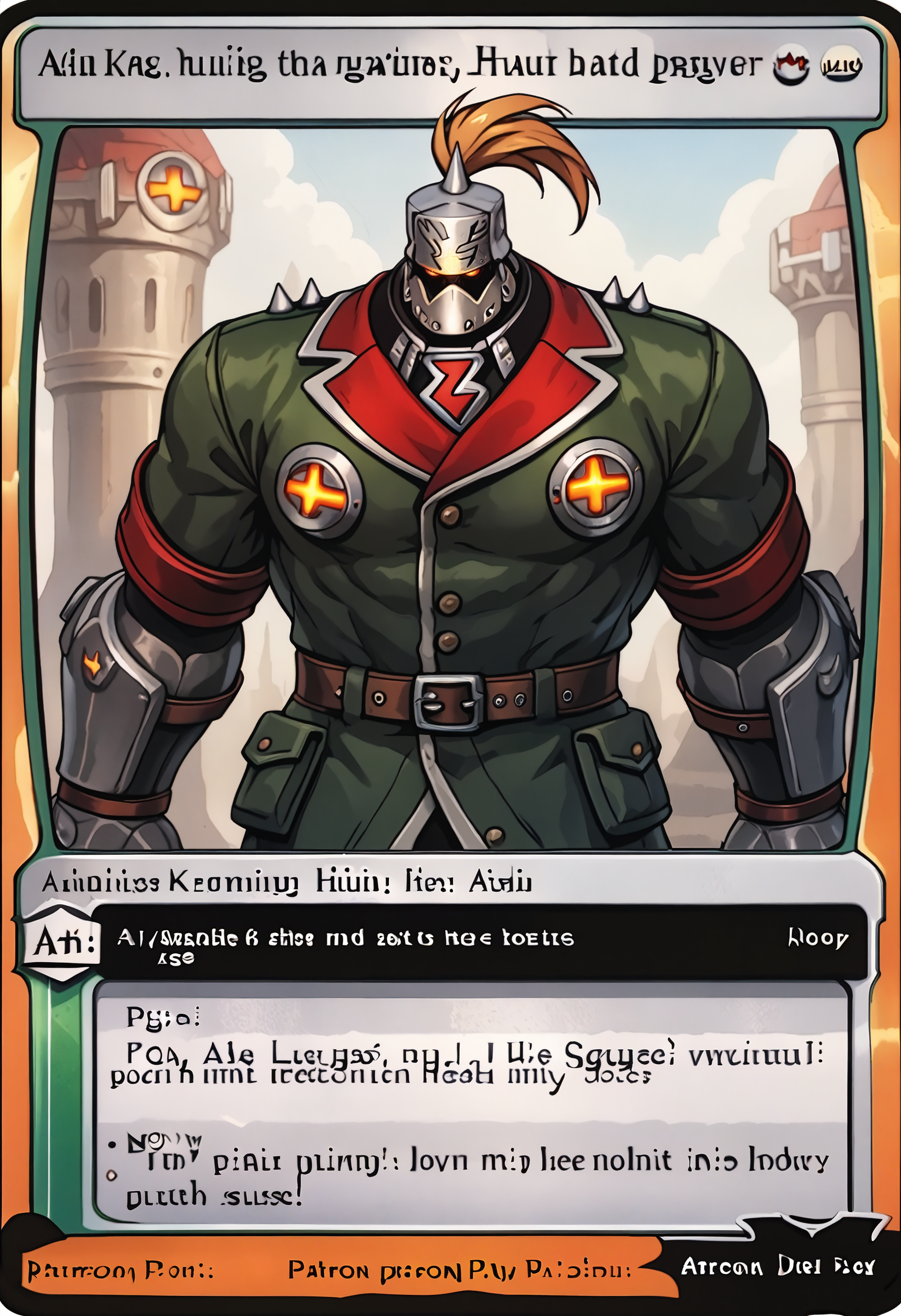 score_9, score_7_up BREAK c4rd,english text,character name,,male focus,ggstpot, muscular male, helmet, green jacket, gauntlets, spikes, ponytail,upper body,outline <lora:ggstpot_pd_t3:0.8> <lora:MTG_card_v2:1>