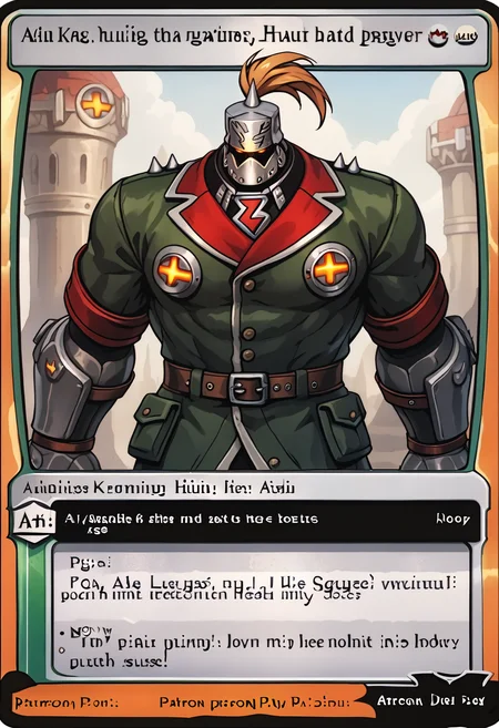score_9, score_7_up BREAK c4rd,english text,character name,,male focus,ggstpot, muscular male, helmet, green jacket, gauntlets, spikes, ponytail,upper body,outline <lora:ggstpot_pd_t3:0.8> <lora:MTG_card_v2:1>