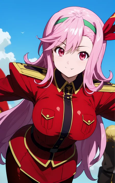 (score_9, score_8_up, score_7_up), standing, leaning forward, looking at viewer, light smile, closed mouth, shiny skin, tight clothes,
ohwx, 1girl, solo, pink_hair, long_hair, hairband, pink_eyes, red eyes, heart, fang, fang_out, breasts, large_breasts,
uniform, military_uniform, military, skirt,
fantasy,
cowboy shot, dutch angle, close-up,
<lora:shiria_ootsuka_pony_ss:1>