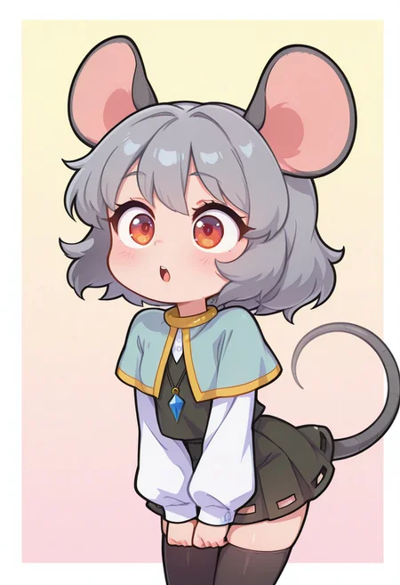 incredibly_absurdres, amazing_background, best quality, pastel_colors, bright_colors, colorful, soft_colors, chibi, white border, 1girl, solo, thighhighs, mini skirt, pleated skirt, open mouth, kawaii_babes_style, SNRA-illu,
nazrin, 1girl, solo, red eyes, grey hair, short hair, mouse ears, mouse tail, sfw