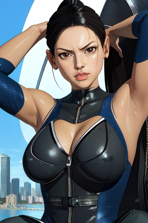 faye,  ponytail, lips, black hair,  brown eyes, 
black body suit, armor,   sitting,  zipper down,  cleavage cutout, 
 looking at viewer,   solo,  upper body,  
city, futuristic,  serious,  cleavage,  arms up, 
 (insanely detailed, beautiful detailed face, masterpiece, best quality),
 <lora:faye:0.8>