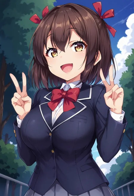 score_9, score_8_up, score_7_up, source_anime, anime screencap, 1girl, solo, akari asahina, dark brown hair, hair ribbon, brown eyes, large breasts, standing, school uniform, bow, upper body focus, innocent smile, open mouth, peace sign, perfect hands, cute face BREAK outdoors, blue sky background, dutch angle, cowboy shot,