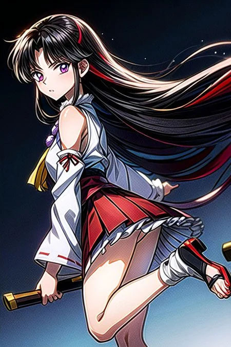 masterpiece, best quality 1girl Setsun4 solo long hair, (night time) forest background black hair very long hair purple eyes multicolored hair armor (fur trim) (medium body),<lora:EMS-179-EMS:0.800000>,<lora:EMS-293862-EMS:0.800000>ascot, bare shoulders, black footwear, detached sleeves, embellished costume, frills, japanese clothes, nontraditional miko, red skirt, sandals, sarashi, skirt, socks, white sleeves, white socks, wide sleeves, yellow ascot, zouri, armor, miko