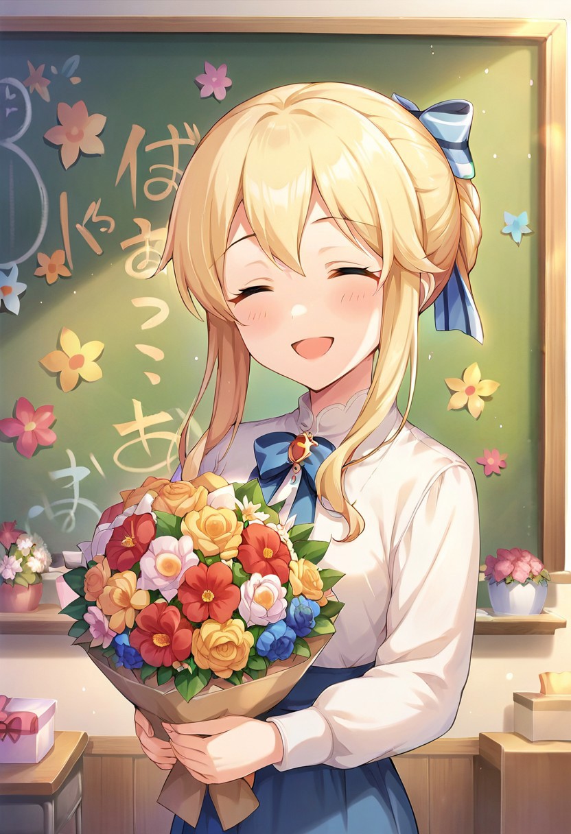 score_9, score_8_up, score_7_up, source_anime,kurarisu, blonde hair, closed eyes, 1girl, flower, chalkboard, smile, solo, open mouth, bouquet, bow, indoors, hair bow, blush, holding, sidelocks
