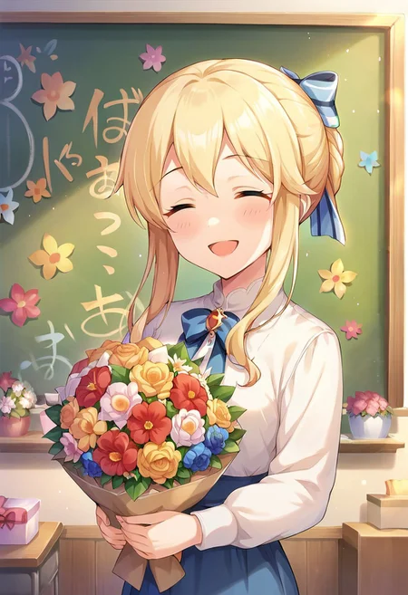 score_9, score_8_up, score_7_up, source_anime,kurarisu, blonde hair, closed eyes, 1girl, flower, chalkboard, smile, solo, open mouth, bouquet, bow, indoors, hair bow, blush, holding, sidelocks