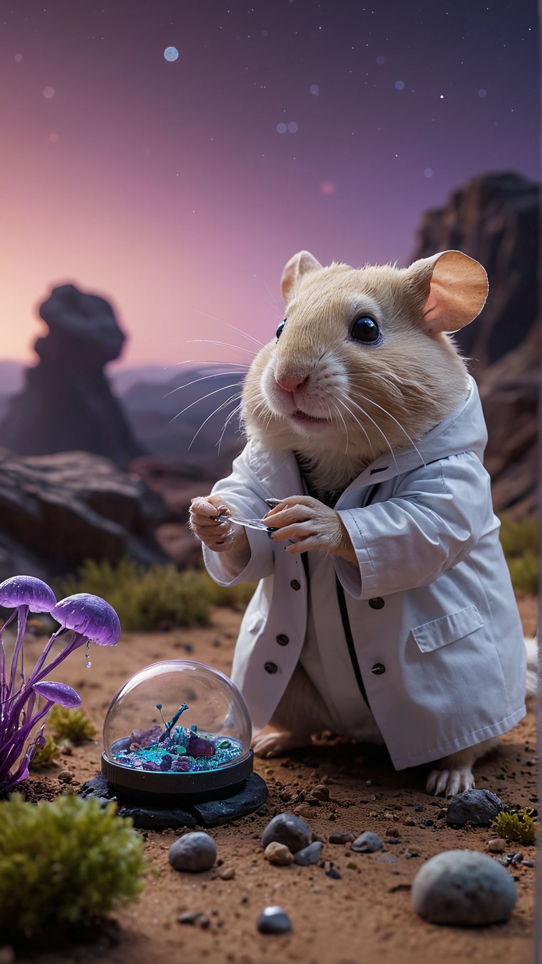 An astronaut exploring an alien planet with a purple sky, strange rock formations, and bioluminescent plants, encountering a friendly, jellyfish-like alien creature A mad scientist hamster in a tiny lab coat, conducting bizarre experiments with miniature beakers and test tubes in a secret lab hidden inside a hamster wheel
Ultra realistic, professional photo, uhd, 8k
<lora:add-detail-xl:1>
<lora:CinematicStyle_v1:0.7>
OverallDetailXL