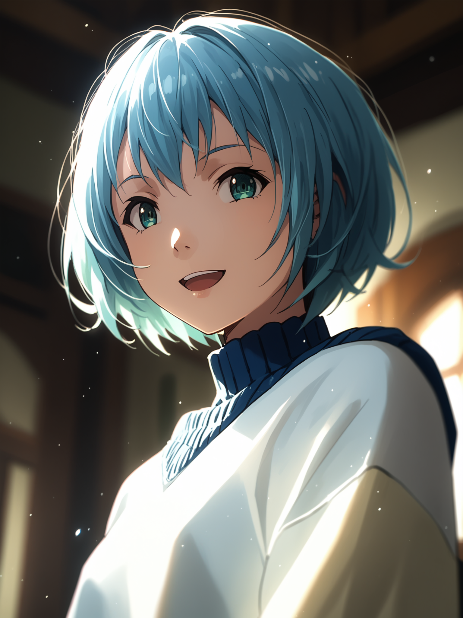 <lora:happy_tentacle-lelei-v0.1-000020:1>, ht_lelei, blue hair, blue sweater , upper body, 1girl, (petite:1.2), solo focus, smile, open mouth, (looking at viewer:1.1), indoors , backlighting, (depth of field:0.8), (from below:0.8), [(realistic, photorealistic:1.2):(realistic:1.3):22], [(3d:1.2)::10], <lora:LUUNA's Lunas-NijiJourney-SDXL-B2:0.5>, nijijourney, <lora:prgfrg23's Counterfeit-V3.0 Style SDXL_LoRA_Pony Diffusion V6 XL:0.35> score_9, score_8_up, score_7_up, score_6_up, score_5_up, score_4_up,