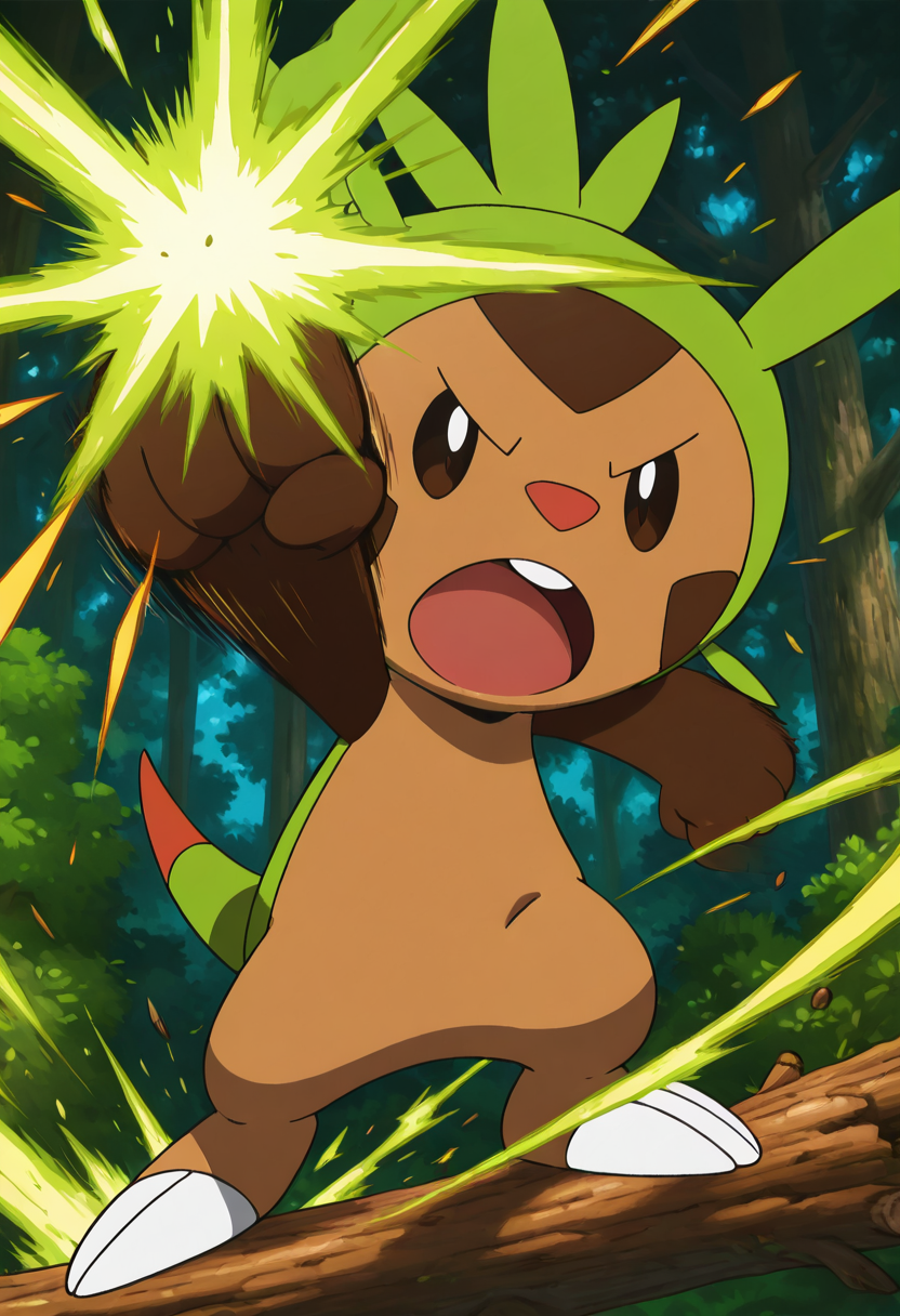masterpiece, best quality, no humans,    zzChespin, punching at a thick log with focused determination, sparks of green energy flaring from its fists with every strike.  ,<lora:ChespinPokedex_IXL:1.0>,