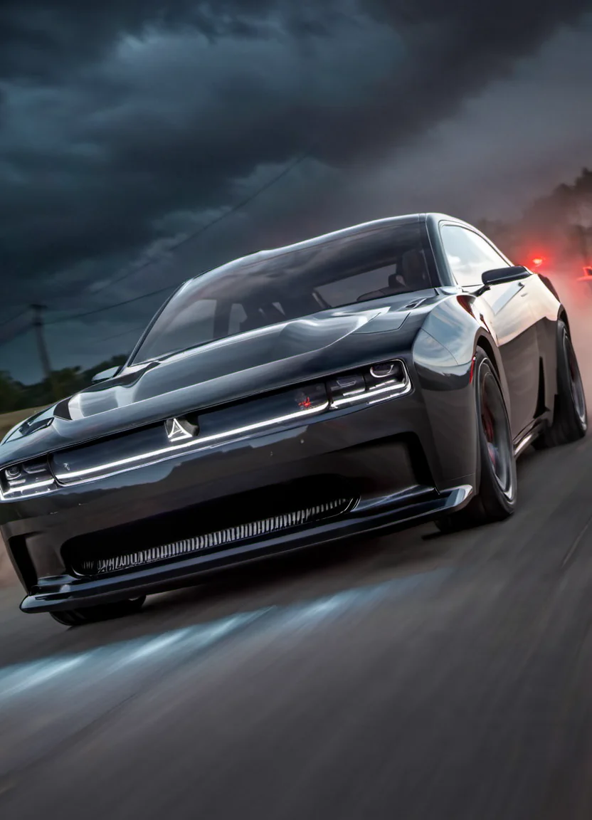 <lora:ChargerConceptSDXL_v1:1> black chargerconcept driving, seen from the front with the lights on, tire smoke, dramatic, red lighting, driver, storm and thunder,
realistic, cinematic, highly detailed,