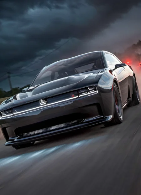 <lora:ChargerConceptSDXL_v1:1> black chargerconcept driving, seen from the front with the lights on, tire smoke, dramatic, red lighting, driver, storm and thunder,
realistic, cinematic, highly detailed,