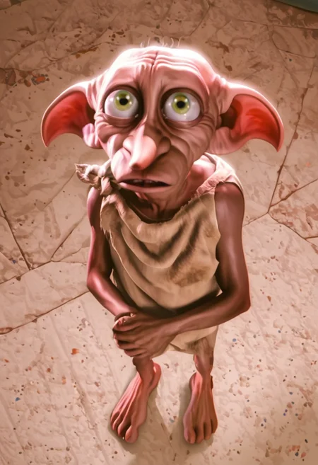 dobby_house-elf, 1male, short, skinny, bald, large green eyes, long nose, long pointed ears, brown skin, sleeveless dark grey rags clothes, barefoot, score_8_up, score_7_up, BREAK, solo, looking at viewer, scared, from above, hands together, head tilt, male focus, looking at viewer, detailed background, 4k, masterpiece, best quality, highly detailed, realistic, 3d, high angle shot,