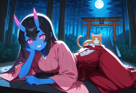 1girl, Kuroni Black, colored skin, deep blue skin, Aka-Oni, oni girl, straight horns, black hair, long straight hair, pink eyes, glowing eyes, short thick eyebrows, masterpiece, best quality, absurdres,
japanese clothes, kimono, hakama skirt,
outdoors, night, moon, store stairs, torii gate, shinto shrine, forest,
solo, lying, on side, head rest, cat on person, kitten, grin, happy,
intricate, highly detailed, majestic