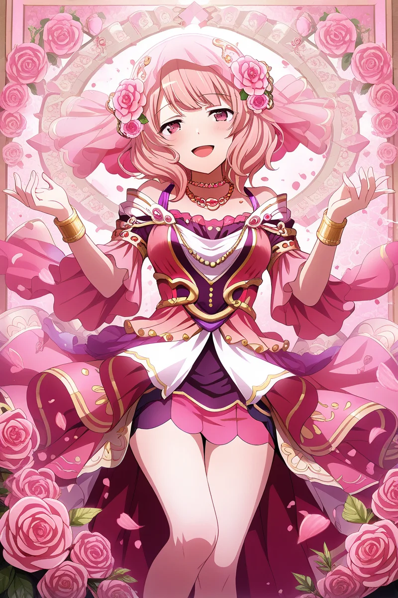 masterpiece, best quality, amazing quality,
<lora:Yuyuko_IL:1> yuyuko, 1girl, flower, solo, hair ornament, hair flower, jewelry, dress, smile, open mouth, bracelet, pink hair, pink eyes, looking at viewer, blush, necklace, petals, veil, rose
