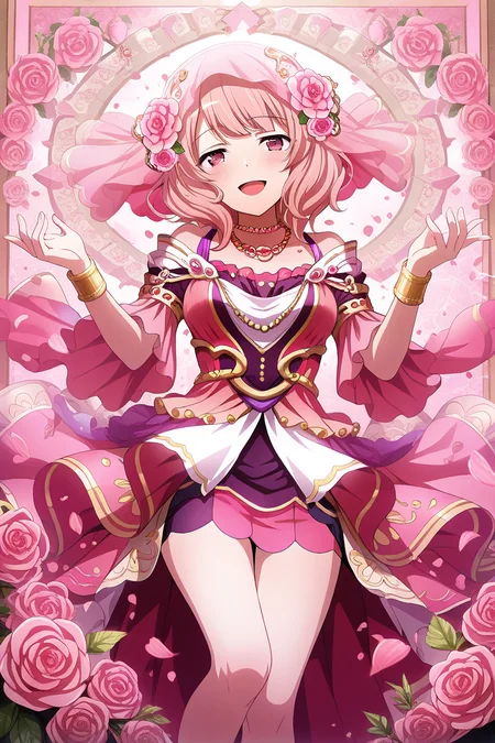 masterpiece, best quality, amazing quality,
<lora:Yuyuko_IL:1> yuyuko, 1girl, flower, solo, hair ornament, hair flower, jewelry, dress, smile, open mouth, bracelet, pink hair, pink eyes, looking at viewer, blush, necklace, petals, veil, rose