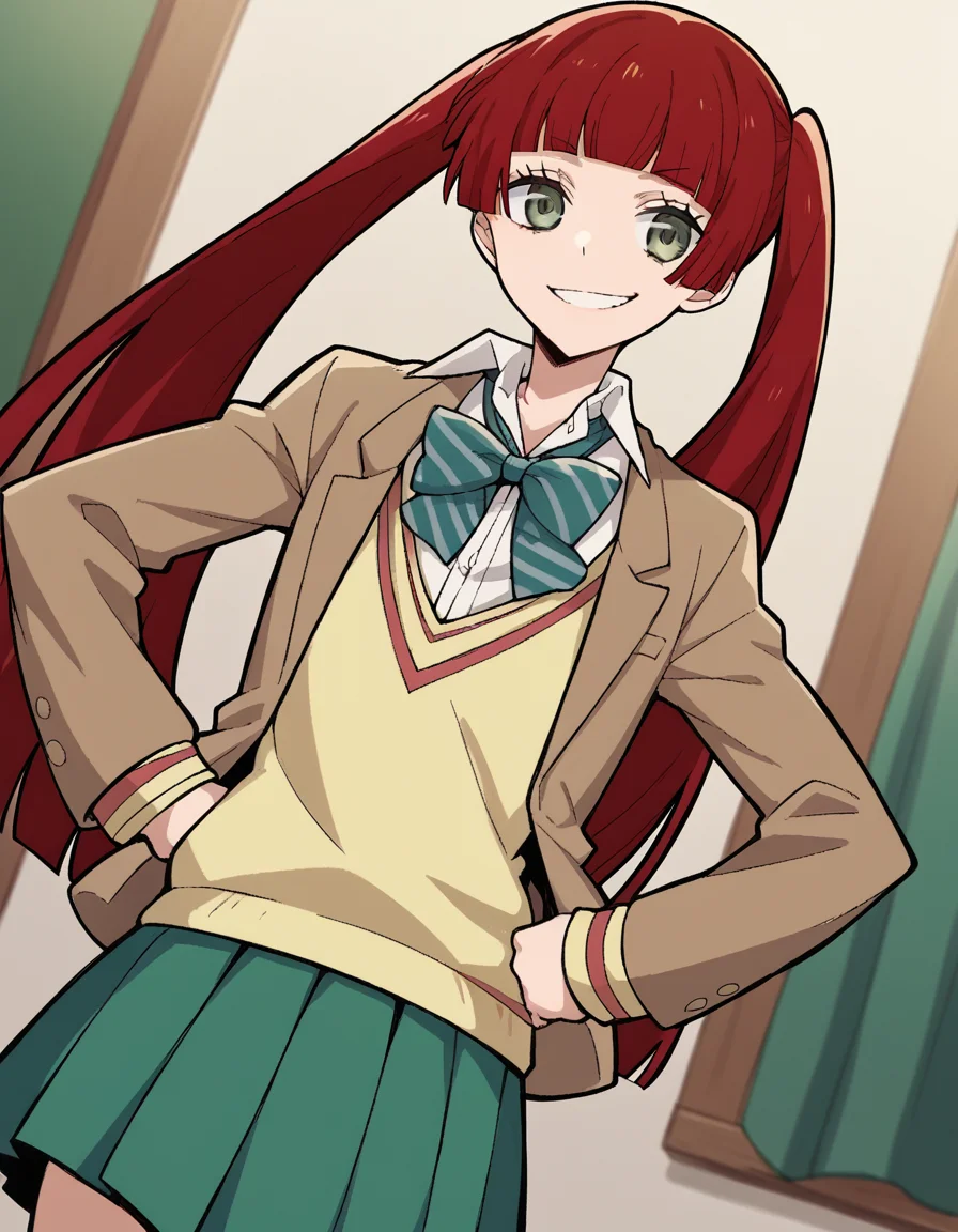 score_9, score_8_up, score_7_up, source_anime, <lora:n-arisugawa-oc-ponyxl-lora-nochekaiser:1>, n-arisugawa, long hair, red hair, bangs, blunt bangs, hime cut, grey eyes,, twintails, skirt, long sleeves, school uniform, jacket, miniskirt, green skirt, blazer, brown blazer, sweater vest, yellow sweater vest, bowtie, green bowtie, striped bowtie, collared shirt,, indoors, smug, smile, looking at viewer, solo, hands on hips,, cowboy shot, dutch angle