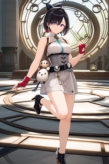 <lora:yumia_liessfeldt_AY_pony:1>underbust, yumia liessfeldt, alchemist's survey attire (light), outfit 2, medium breast, mole under eye, cauldron shape bag, black hair, hair bow, plushie toys, 1girl, solo, looking at viewer, short hair, gloves, dress, bare shoulders, jewelry, medium breasts, closed mouth, standing, purple eyes, sleeveless, belt, indoors, fingerless gloves, white dress, mole, hair over one eye, sleeveless dress, feet out of frame, short dress, red gloves, grey dress  <lora:HandFixer_pdxl_Incrs_v1:1> white skirt, cheerful, smile, adorable, dancing pose,  full body, high heel boots, black footwear, high heels with ankle booster, booster on ankle,