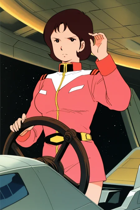masterpiece, best quality, amazing quality, absurdres, miraiyashima79, brown hair, solo, serious, wooden steering wheel, standing, helm wheel, both hands on helm wheel, gripping helm wheel, steering ship, helmswoman:1.2), pink military uniform, large breasts, indoors, spacecraft, science fiction, retro artstyle
