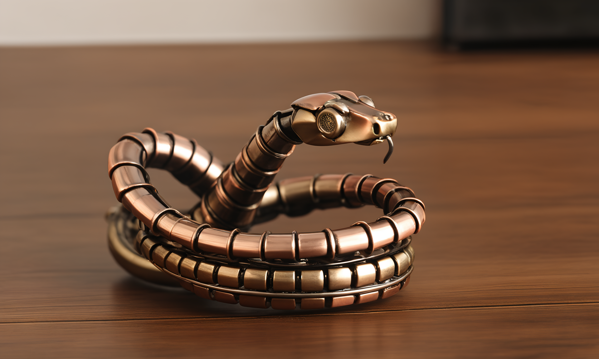 <lora:vintagemechcd_xl-000012:0.8>,a simple-structured snake made of vintagemechcd_xl standing on wooden table,desktop ornament,detailed,hi-res photo,bronze theme,chinese zodiac,no humans,close-up,microspur,indoors,living room,simple background, emotional,harmonious,high budget,moody,epic,gorgeous,perfect lighting,realistic,photorealistic,photographic,photo (medium),real,moody lighting,volumetric lighting,reality ray tracing,8K,HDR,UHD,masterpiece,best quality,highly detailed,high resolution,finely detail,extremely detailed,ultra detailed,wallpaper