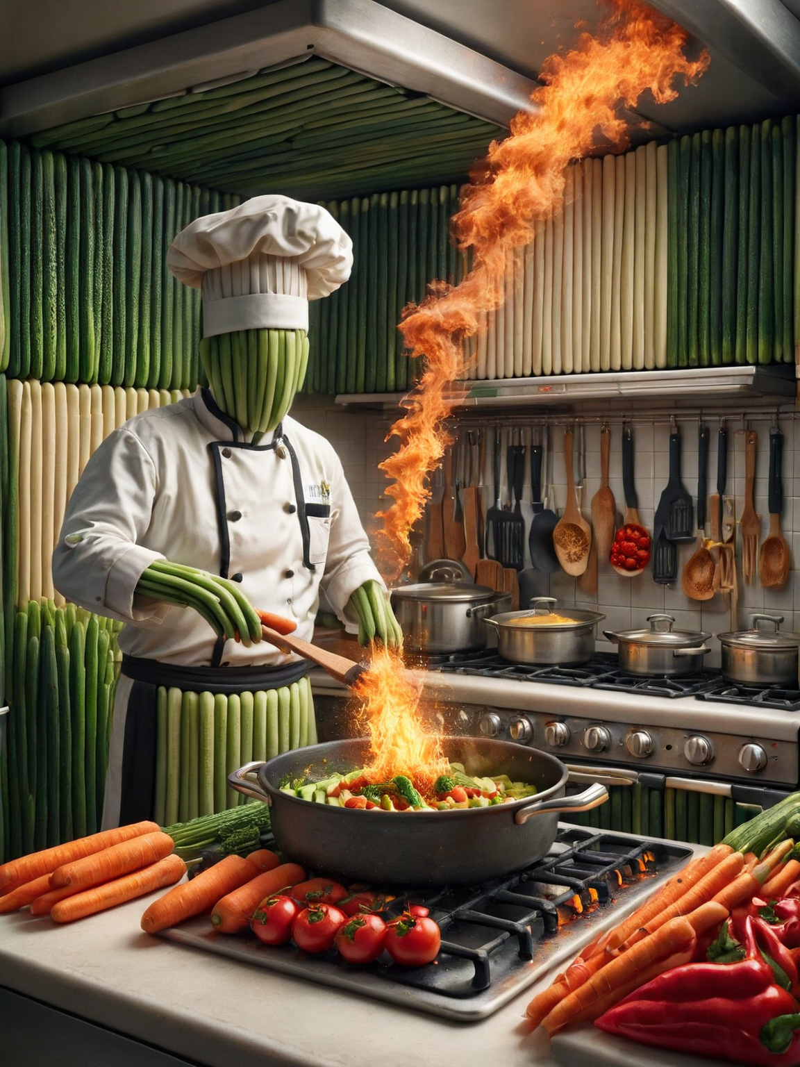 An ais-dipperz chef cooking in a bustling kitchen, flames leaping from a pan <lora:Dippers_Style_SDXL:1>