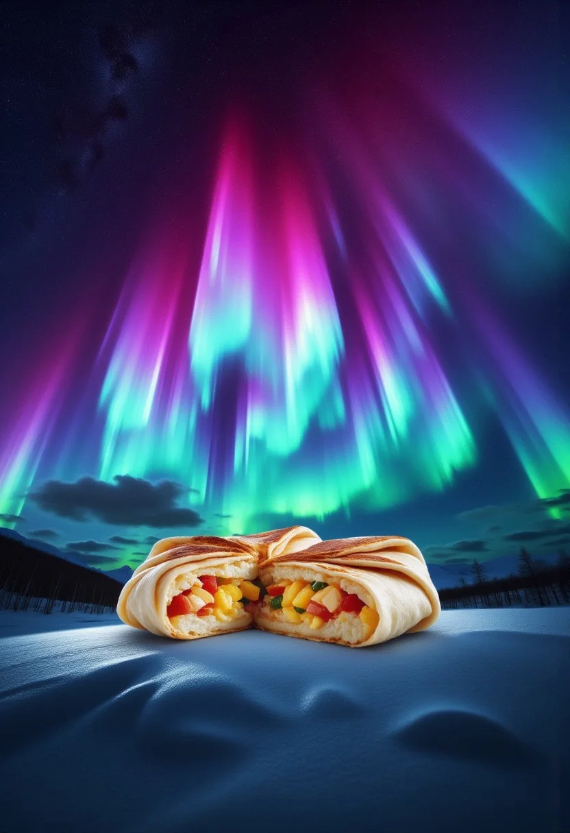 Digital artwork showcasing a breathtaking aurora borealis display in a nighttime landscape. The central subject is an open breakfast crunchwrap with cross section of layered ingredients with fillings inside a folded grilled toasted tortilla, stylized in glowing, ethereal colors, rendered in vibrant hues, appearing to be formed by the swirling aurora lights.
