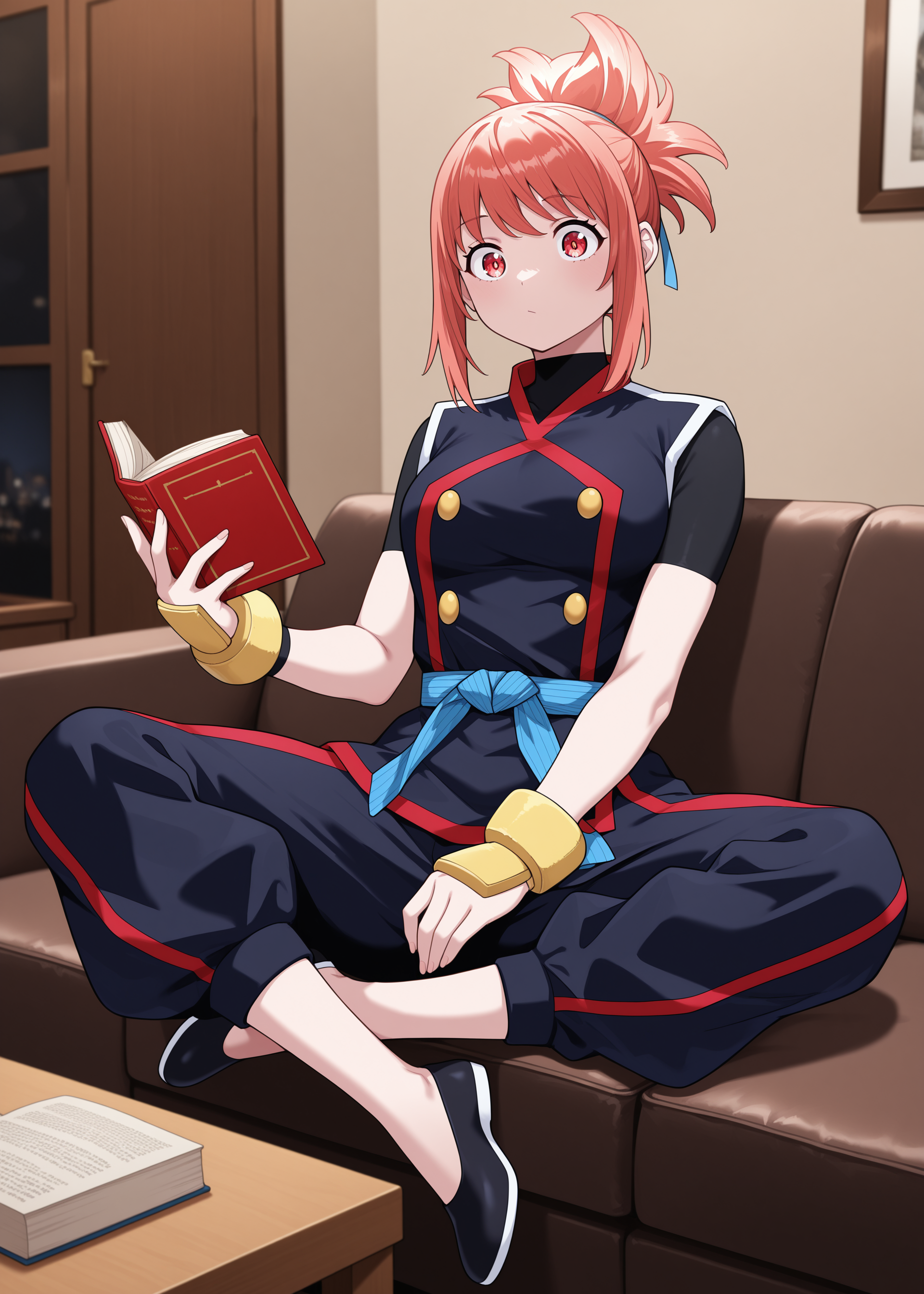 1girl, <lora:ktatara_sn90:1>, ktara, hair ribbon, blue ribbon, black uniform, short sleeves, blue sash, wrist guards, bodysuit under clothing, baggy pants, black flats,
indoors, sitting in couch, cross legged, living room background, hand on lap, holding book,
high resolution, ultra-detailed, absurdres, masterpiece, best quality, good quality, newest