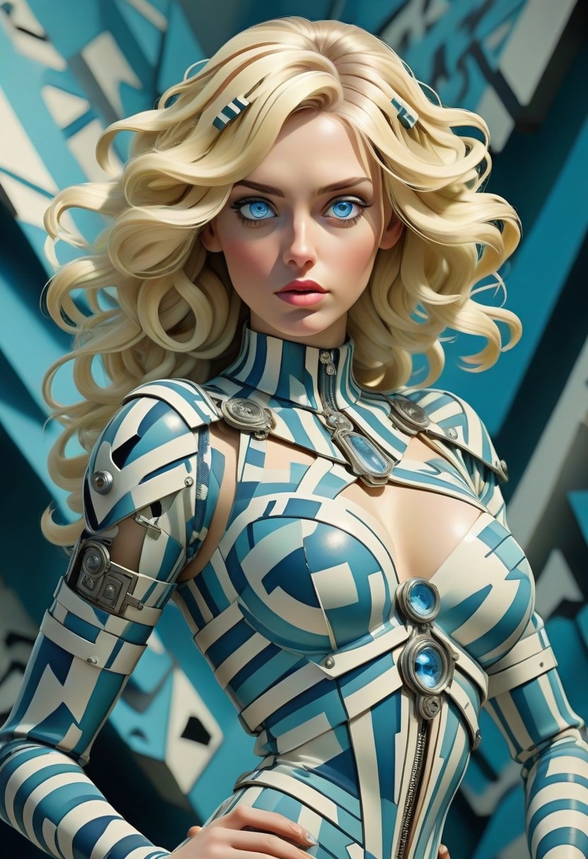 meta;;ic chrome beautiful female android with ((psychedelic)) angular ww1 dazzle camouflage. ((various poses.   large breast. blonde hair, blue eyes.